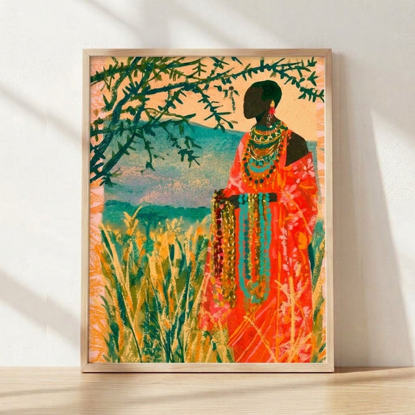 Watercolor folk art portrait of a Maasai woman in traditional beaded dress standing in a savanna landscape with trees and golden fields, rendered in terracotta, forest green, coral, and turquoise tones.