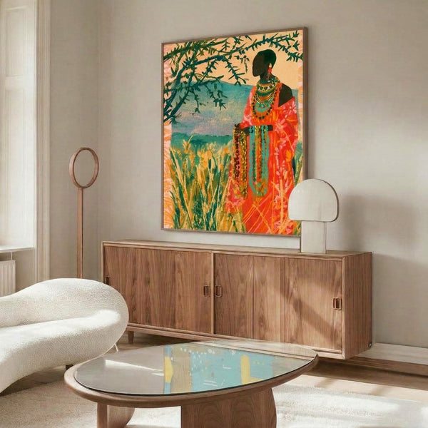 Cultural folk art print depicting a Maasai woman in ornate beaded jewelry and traditional garments within a serene landscape, painted in soft watercolor with rich terracotta, green, and golden yellow hues.