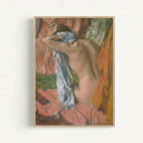 Degas-inspired wall art featuring a bathing figure rendered in pale blue, cream, and ochre with characteristic Impressionist brushwork and tender domestic mood.
