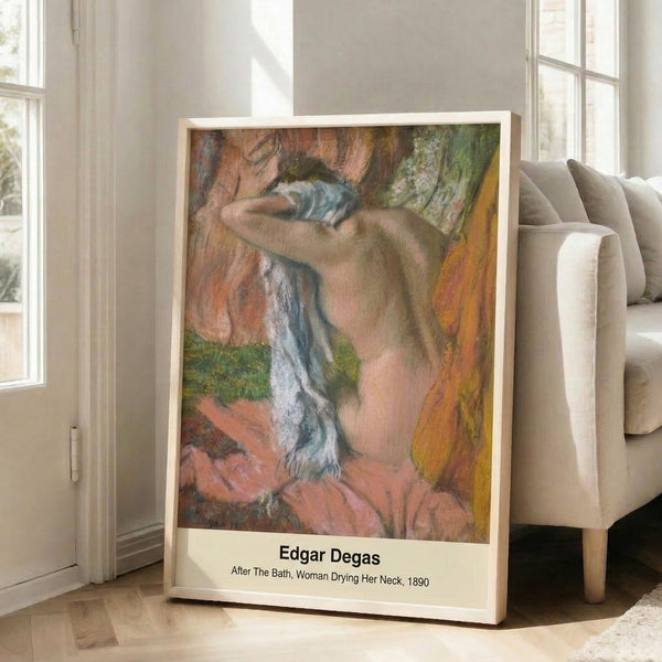 Impressionist poster art with a woman in warm ochre and pale blue tones, conveying quiet domestic elegance and the sensuality of classical bathing imagery.
