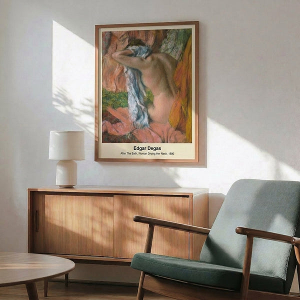 Framed wall poster of a bathing figure in muted earth tones and soft pastels, capturing an intimate moment with Impressionist subtlety and refinement.