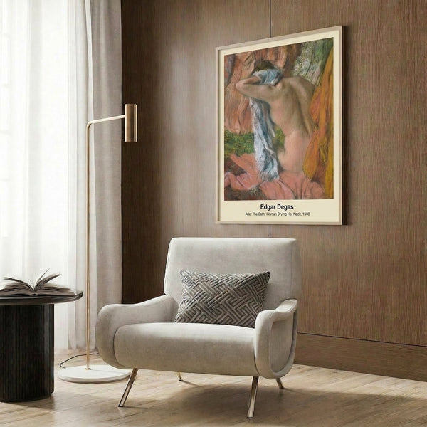 Modern Impressionist-style print showing a woman after bathing, rendered in cream, ochre, and pale blue with gentle, contemplative domestic mood.