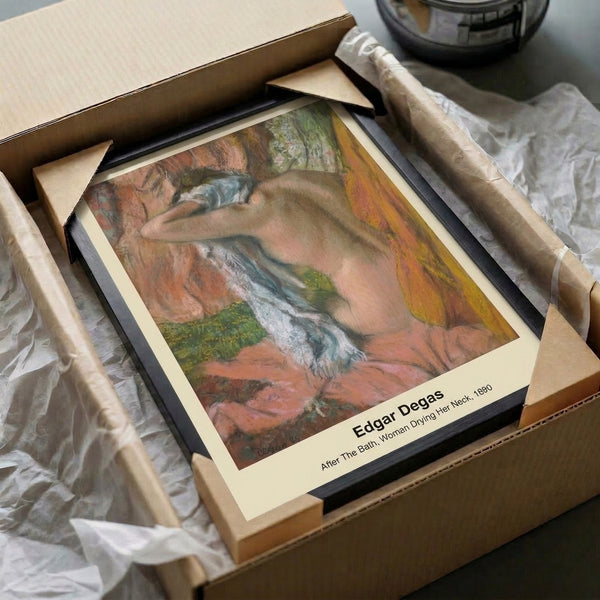 Wall art poster depicting bathing scene in soft pastel palette of warm ochres and blues, evoking intimate domestic elegance in Impressionist style.