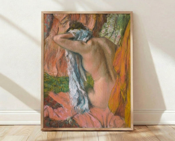 Impressionist framed poster of a woman drying her neck after bathing, rendered in soft pastels and muted earth tones characteristic of Degas's intimate domestic scenes.