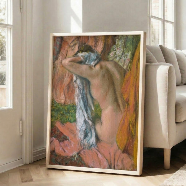 Impressionist-style poster featuring a solitary woman in a tender self-care gesture, rendered with subtle warm tones and the refined technique of classical figurative art.
