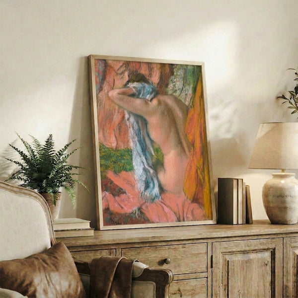 Vintage-inspired framed print of an intimate bathing scene with a woman attending to her neck, executed in soft pastels with a serene and introspective mood.