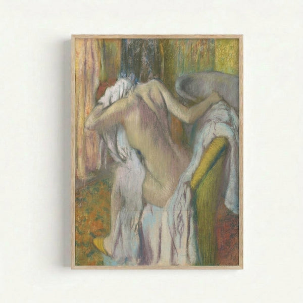 Wall art print of After the Bath showing an intimate domestic scene in muted earth tones and pale blues, characteristic of Degas's ballerina and bather series.
