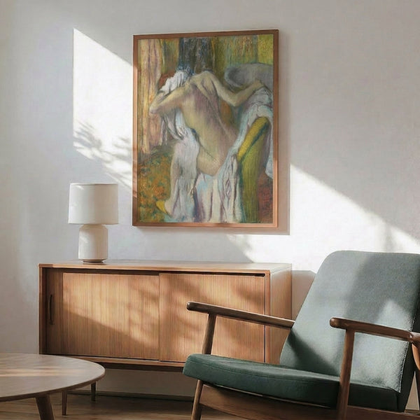 Faceless portrait framed poster capturing a private bathing moment in Degas's gentle pastel style, with delicate interplay of warm beige and cool blue pigments.