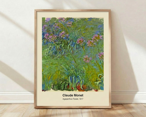 Serene watercolor painting of blue agapanthus flowers blooming above rippling water, rendered in soft impressionist style with luminous whites and purples.