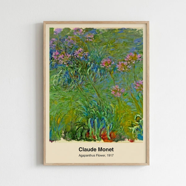 Framed impressionist poster featuring delicate agapanthus lilies in shades of blue and purple floating above a pond, evoking Monet's contemplative water garden aesthetic.