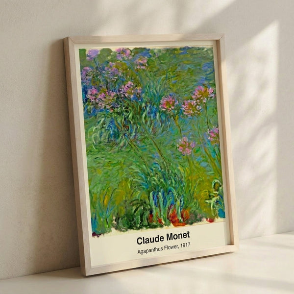 Abstract watercolor art print of agapanthus flowers with flowing blues, greens, and whites creating a peaceful, dreamy composition inspired by impressionist water lily paintings.