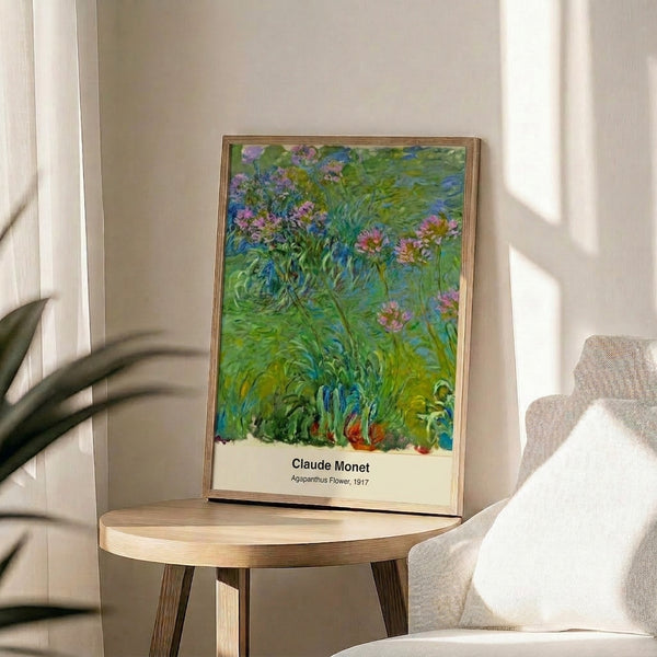 Soft focus watercolor artwork showing delicate agapanthus flowers in cool blues and purples suspended above gentle water, evoking a serene garden meditation.