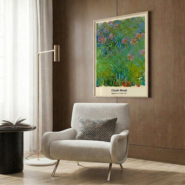 Impressionist water lily inspired poster featuring vibrant blue agapanthus flowers with yellow centers and lush green foliage in a luminous, contemplative composition.