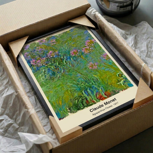 Monet-influenced framed watercolor print of graceful agapanthus blooms in blue, purple, and white hovering over a tranquil pond with impressionist brushwork.