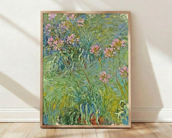 Framed watercolor poster of blue agapanthus flowers in soft impressionist style, with delicate brushstrokes and a serene, contemplative mood.
