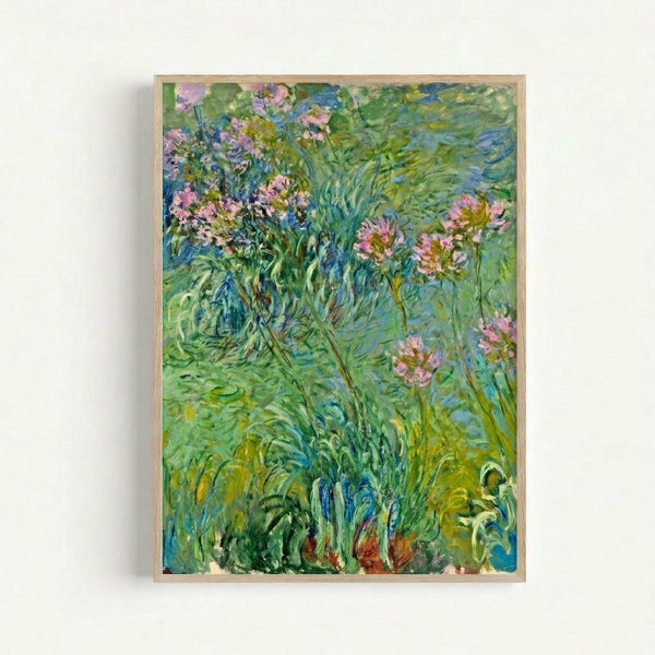 Impressionist-style art print featuring clustered blue agapanthus blooms rendered in gentle watercolor tones, creating a peaceful botanical composition.