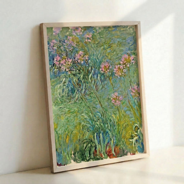 Soft watercolor poster of agapanthus flowers in shades of blue and lavender, painted with loose brushwork characteristic of impressionist florals.