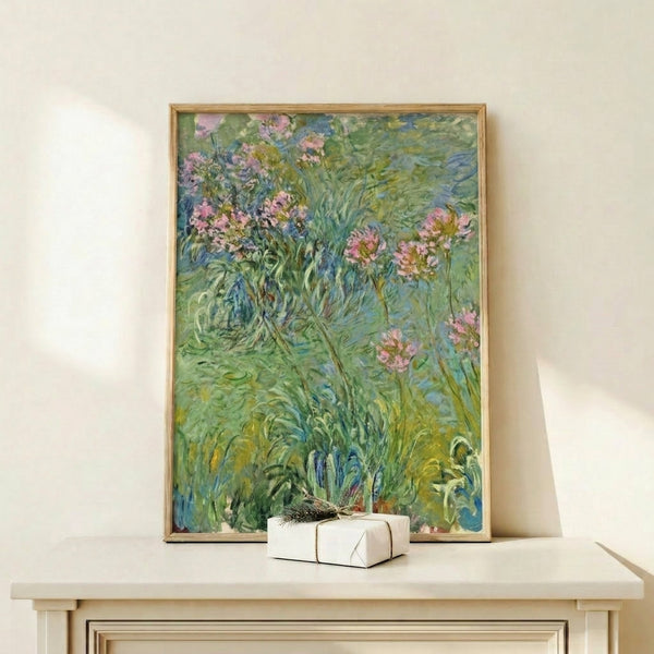 Blue agapanthus flower painting in dreamy watercolor technique, framed and displayed as elegant wall art with a tranquil, meditative quality.