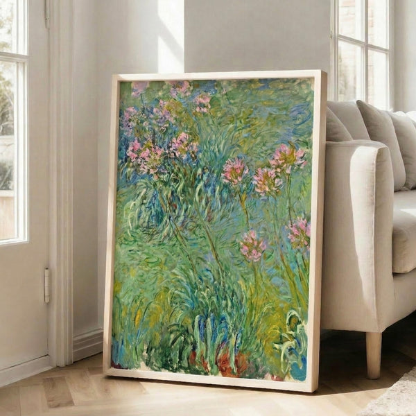 Delicate impressionist poster showing agapanthus blooms in cool blue hues with flowing watercolor technique and a calm, contemplative atmosphere.