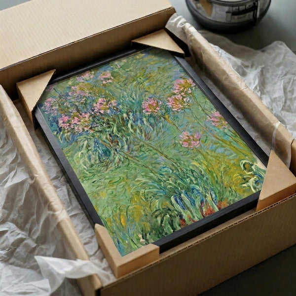 Agapanthus flower poster in impressionist watercolor style, featuring luminous blue tones and loose, expressive brushstrokes for serene home decor.