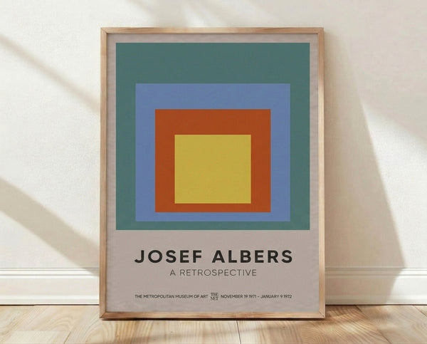 Bauhaus geometric poster featuring nested concentric squares in teal, periwinkle blue, rust orange, and golden yellow; minimalist composition evokes meditative calm.