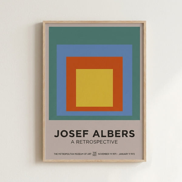 Framed modern art print of overlapping rectangular shapes in cool and warm tones; Albers-inspired geometric abstraction with sophisticated color harmony.