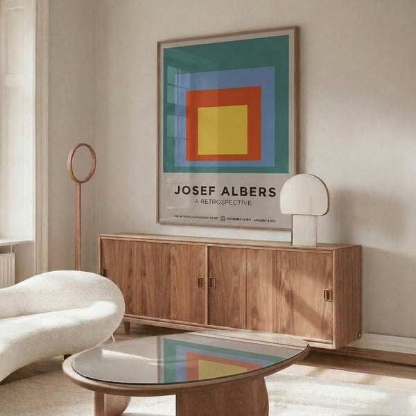 Framed modern abstract print featuring stacked rectangles in harmonious color palette of blue, teal, warm rust, and yellow; meditative geometric design.