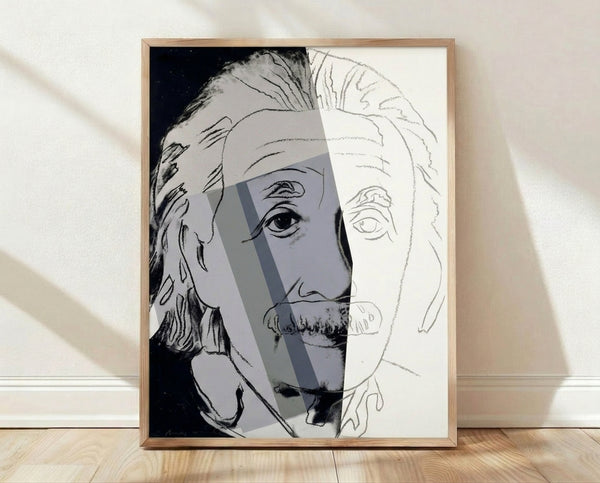 Pop art portrait of Albert Einstein with bold, vibrant color blocking and high-contrast silkscreen style characteristic of Warhol's iconic works.