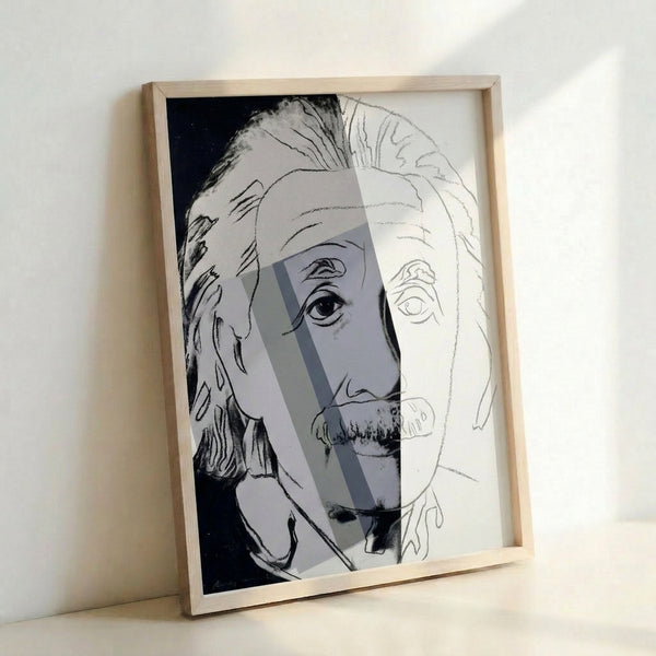 Albert Einstein pop art poster with saturated colors and graphic line work, displayed as a framed wall print in contemporary pop art style.