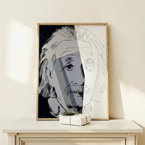 Vibrant Andy Warhol-inspired portrait of Einstein using bright color separation and bold outlines typical of twentieth-century pop art printmaking.