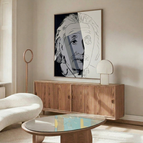 Einstein portrait wall art in the style of pop art, featuring jewel-toned colors and dramatic light-dark contrasts in a framed poster format.