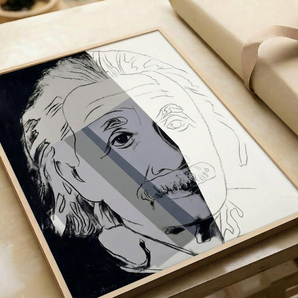 Bold pop art interpretation of Albert Einstein with saturated color palette and graphic silkscreen technique, presented as a framed art print.