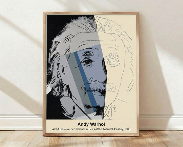Pop art portrait of Einstein in black, white, and grey tones, featuring bold minimalist style characteristic of 1980s contemporary art.