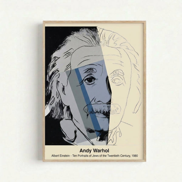 Framed modern pop art print displaying a physicist's portrait rendered in striking monochromatic palette with intellectual and minimalist aesthetic.