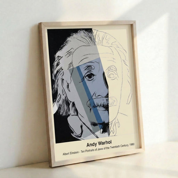 Bold pop art face portrait in black and white with grey accents, capturing a contemplative intellectual mood through simplified geometric forms.