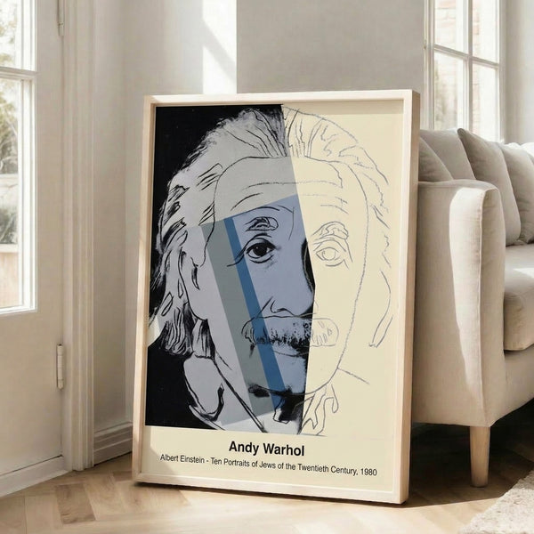 Contemporary minimalist portrait print in monochrome showing a scientist's visage with pop art sensibility and dramatic contrast.
