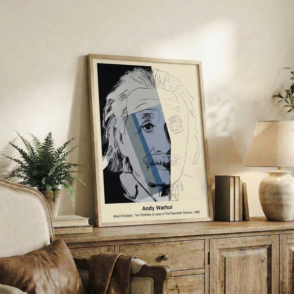 Framed pop art wall art featuring a portrait in black, white, and grey with clean lines and modern minimalist composition.