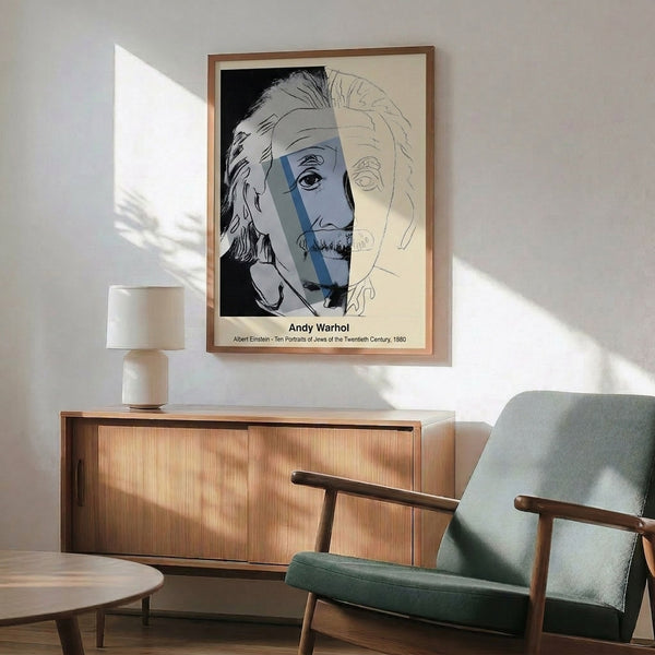 Intellectual pop art print of a famous physicist rendered in striking monochromatic tones with bold, contemporary aesthetic sensibility.