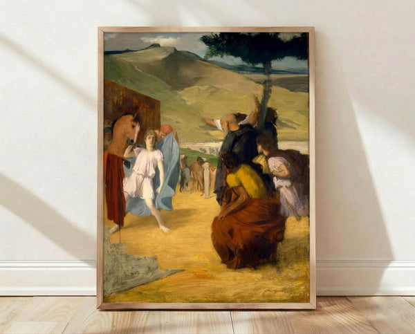 Impressionist painting of a mounted warrior in armor atop a brown horse, rendered in warm ochre and grey tones, capturing a dramatic moment of historical nobility.
