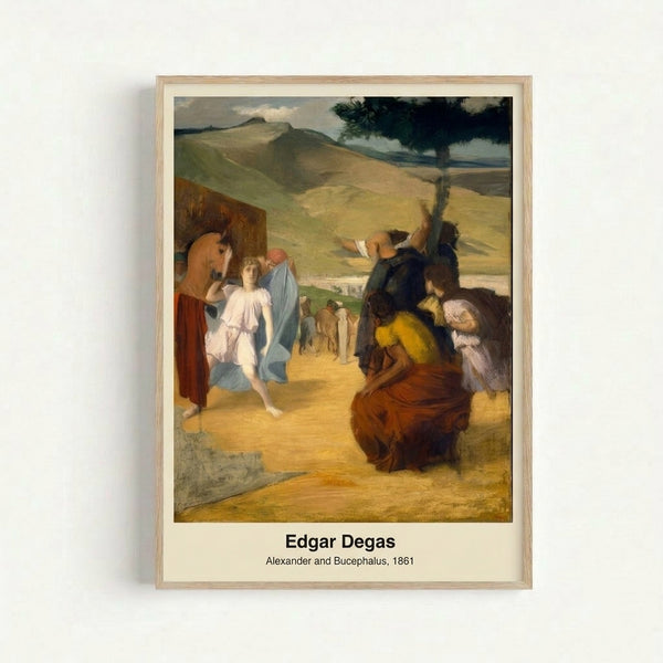 Framed impressionist art print depicting a rider on a powerful horse in earthy browns and creams, conveying strength and classical military grandeur.
