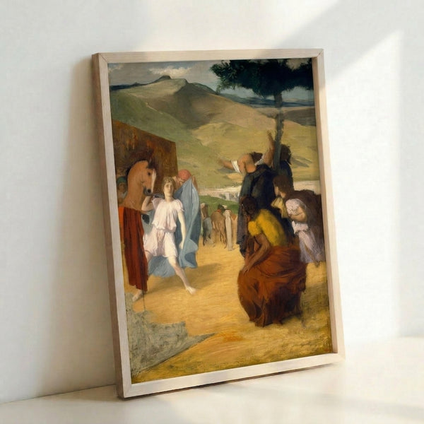 Vintage-style poster art showing a soldier mounted on a majestic brown steed, painted in impressionist style with ochre and grey hues, evoking historical drama.