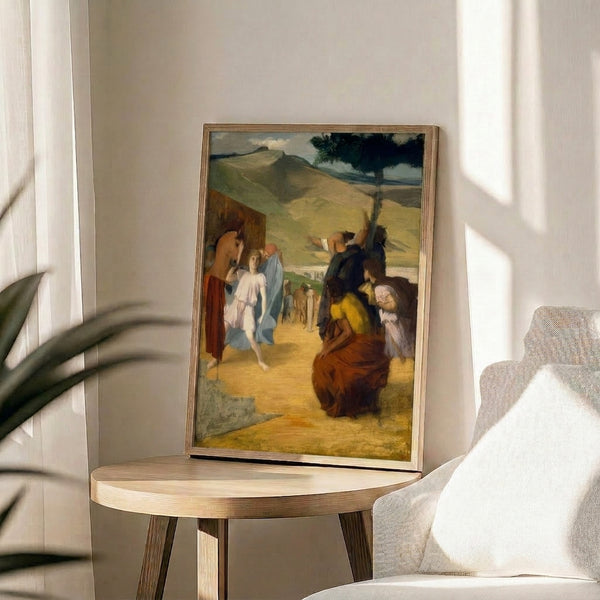 Framed classical art print featuring an armored rider and restless brown horse rendered in impressionist technique, dominated by earthy ochre and grey pigments.