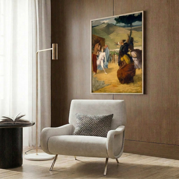 Wall art print in impressionist style showing a mounted soldier and powerful horse in a palette of ochre, brown, and grey, conveying timeless military nobility.