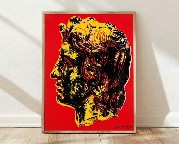 Pop art portrait of Alexander the Great in vibrant colors with bold graphic lines and high-contrast tones, displayed as a framed wall poster.
