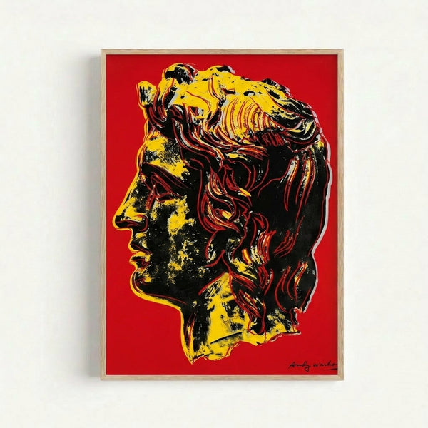 Stylized portrait of Alexander the Great featuring bright, saturated colors and simplified forms characteristic of pop art design, shown as a framed print.