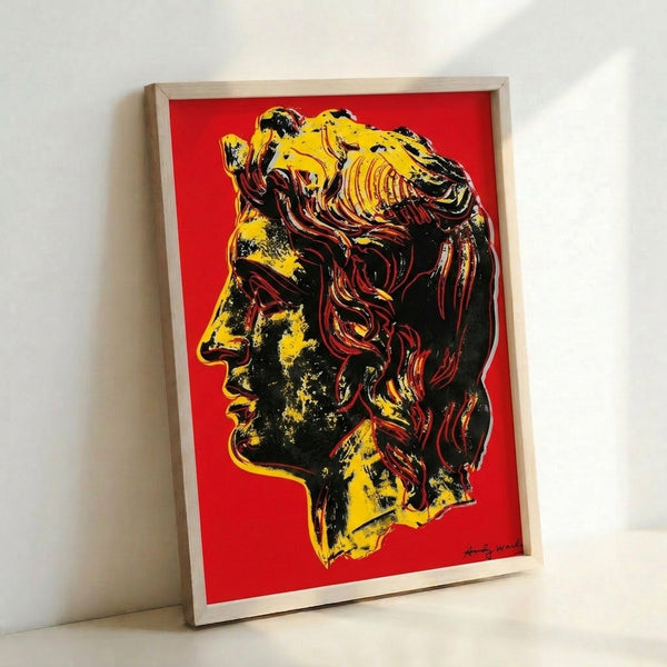 Alexander the Great rendered in contemporary pop art style with vivid color blocking and bold outlines, framed as a museum-quality poster on the wall.