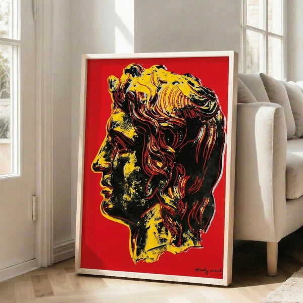 Vibrant pop art interpretation of Alexander the Great's portrait in striking colors with graphic intensity, presented as a framed art print.