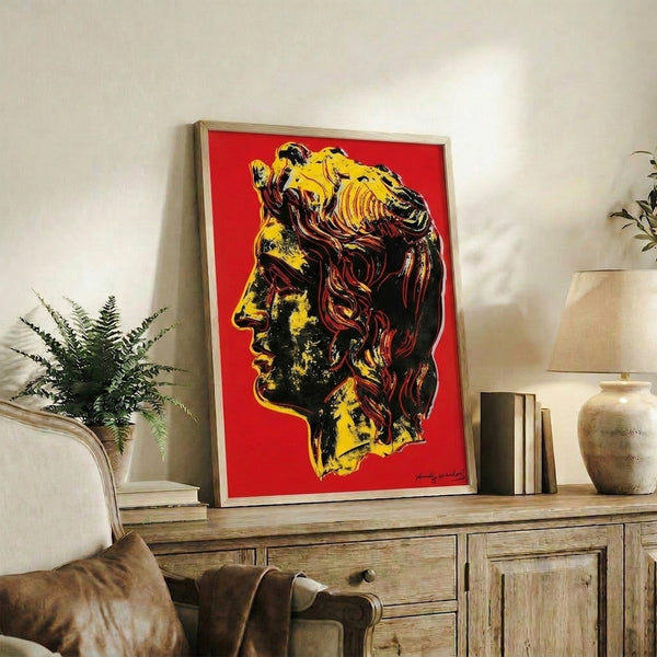 Alexander the Great depicted in bold pop art aesthetic with saturated hues and dynamic line work, displayed as a framed poster.