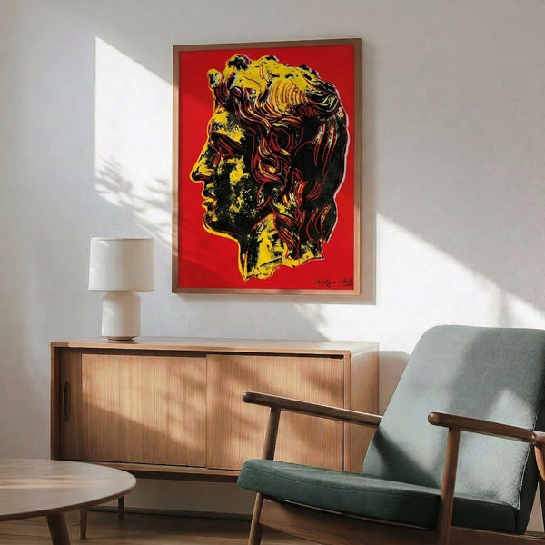 Colorful pop art portrait of Alexander the Great showing simplified facial features and bright color contrasts, mounted as a framed wall print.