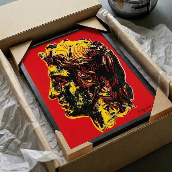 Alexander the Great in contemporary pop art style featuring vivid colors, high contrast, and graphic design elements, shown as a framed poster.